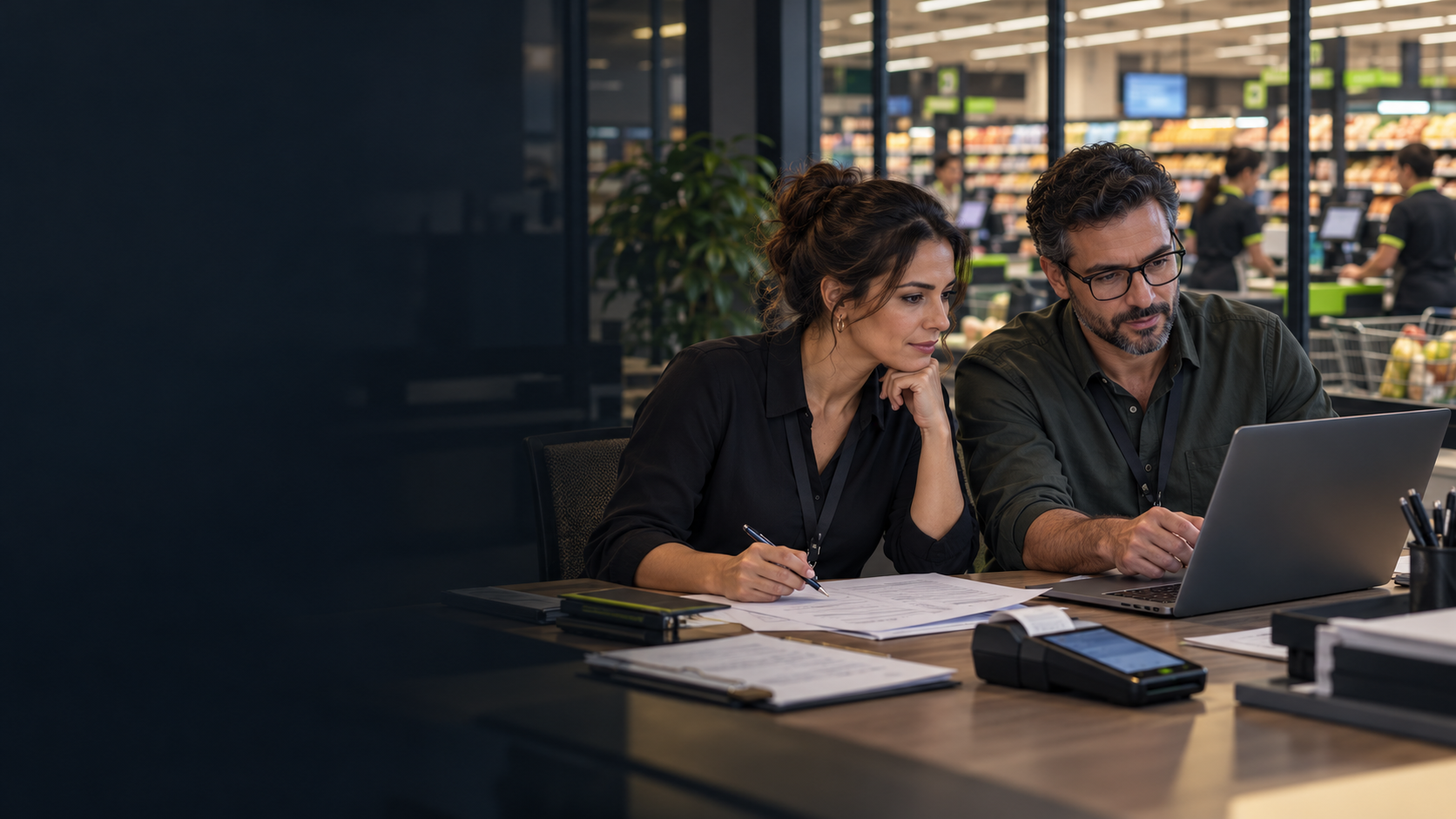 Equipe financeira conferindo pagamentos em ambiente de varejo