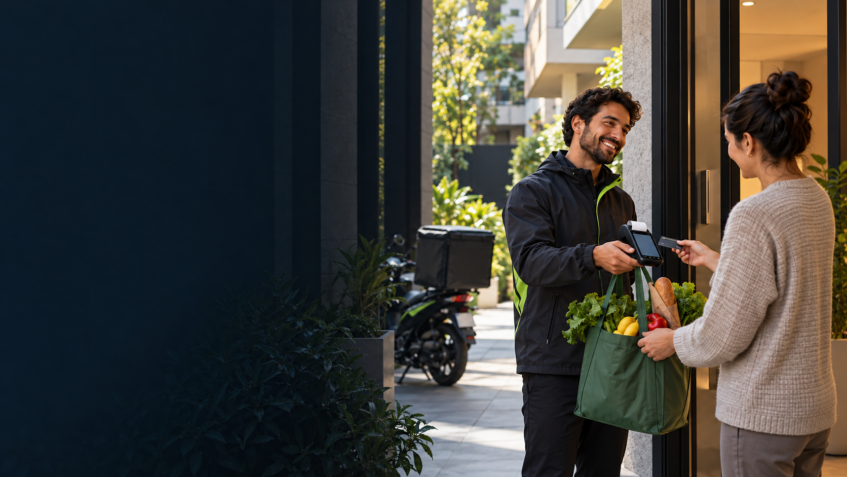 Entregador com SmartPOS recebendo pagamento na entrega