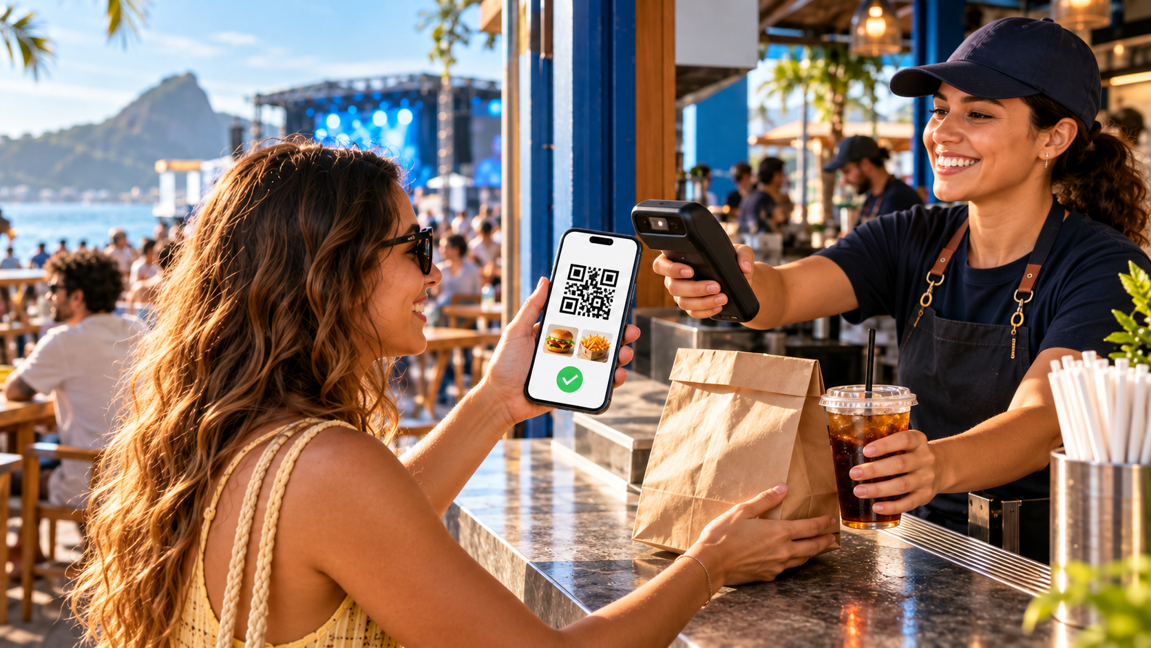 Ilustração de operador lendo o QR Code de um voucher com SmartPOS para validar o resgate e entregar o pedido